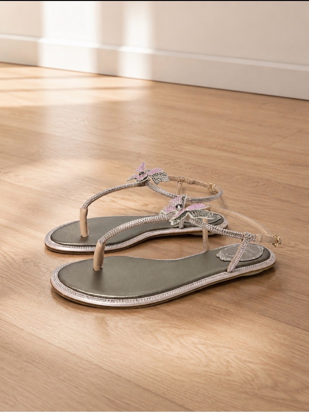 RENE CAOVILLA FLORAL CRYSTAL NUDE FLAT SANDAL size 7 1/2